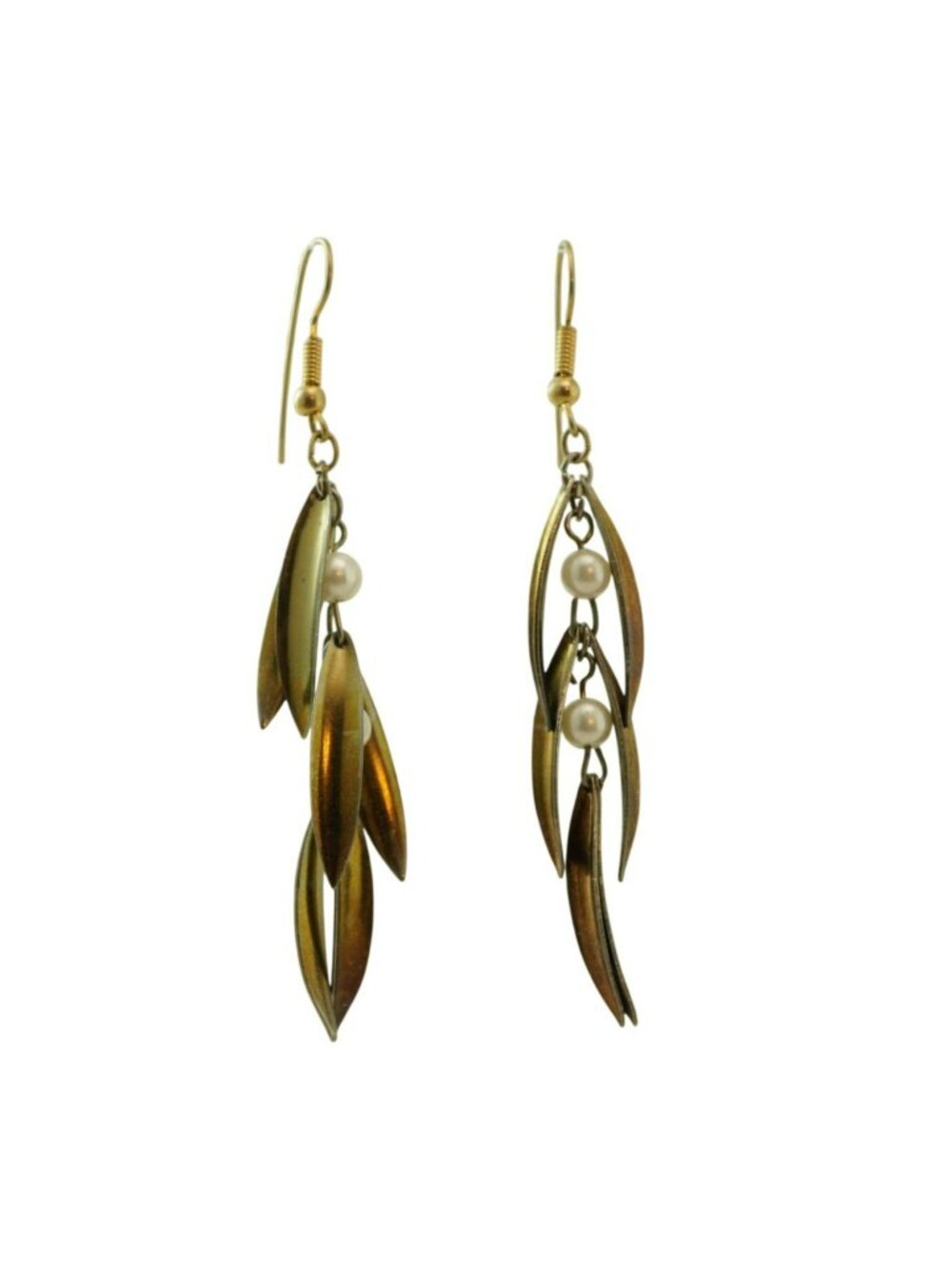 Vintage Gold-Tone Dangle Earrings With Faux Pearls & Leaf Design 2 Inches Long